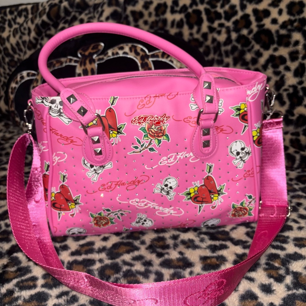 Ed Hardy Pink Heart and Skull Shoulder Bag